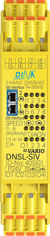 40SI01  DNSL-SIV 2 Drehzahlüberwachungen SSI Interface 8 sichere Eingänge 4 sichere Ausgänge Einzelklemme DINA