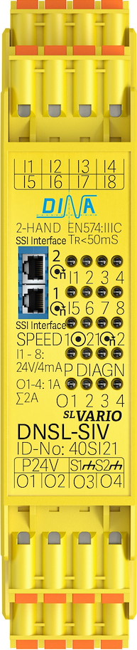 40SI21 DNSL-SIV 2 Drehzahlüberwachungen SSI Interface 8 sichere Eingänge 4 sichere Ausgänge Doppelklemme DINA