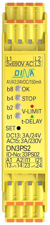 33PS02 DN3PS2 Stillstandswächter -1 und 3 Phasenmotoren, 2 Kontaktausgänge, Muting DINA