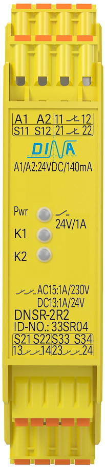 33SR04 2R Not-Halt Schaltgerät PL d, 2-kanalig, Quitiereingang, Ausgänge, 2 Relaiskontakte  DINA