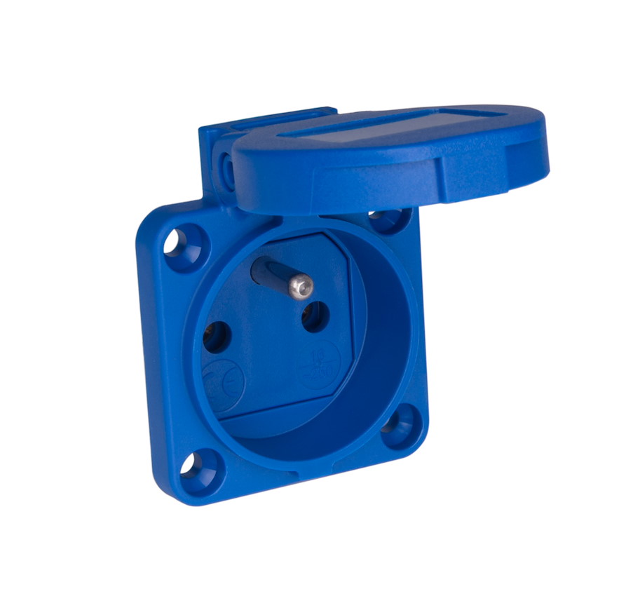 Schutzkontaktsteckdose nach belg./franz. System 16A 3p 250V IP54 P-Nova (blau, seitlicher Anschluss, Flansch 50x50) PCE