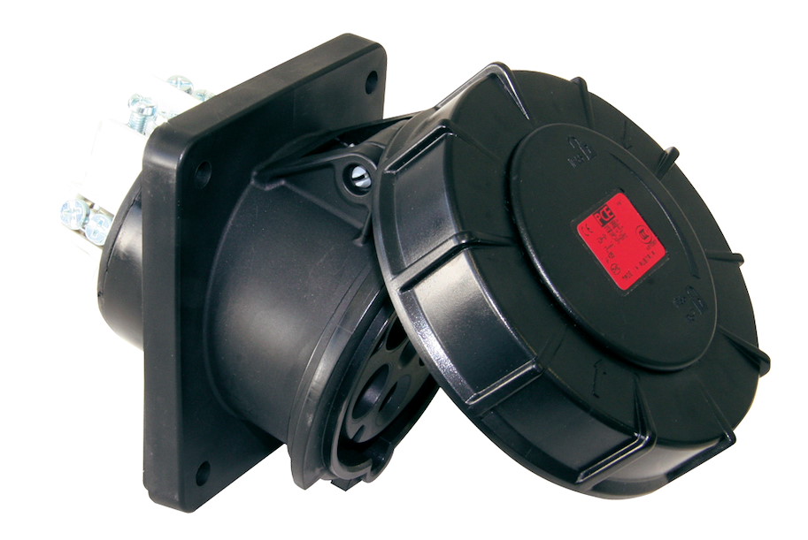 Anbausteckdose schräg 63A 5p 6h IP66/67 Power Twist schwarz (Flansch 106x100 - Lochabstand 90x90)