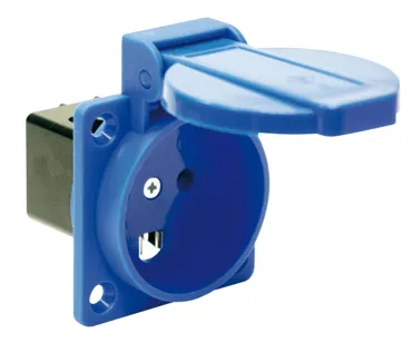 Schutzkontaktsteckdose nach dänischem System 13A 3p 250V IP44 (blau, rückwärtiger Anschluss, Flansch 50x50) PCE