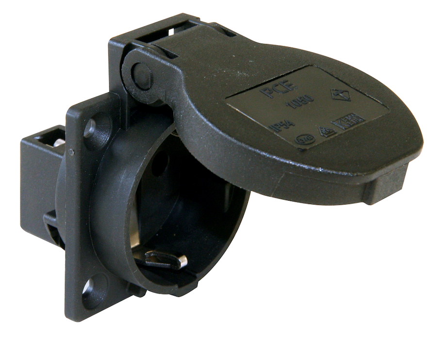 Schutzkontaktsteckdose nach österr./deutsch. System 16A 3p 250V IP54 P-Nova+ (schwarz, seitlicher Anschluss, Flansch 50x50)