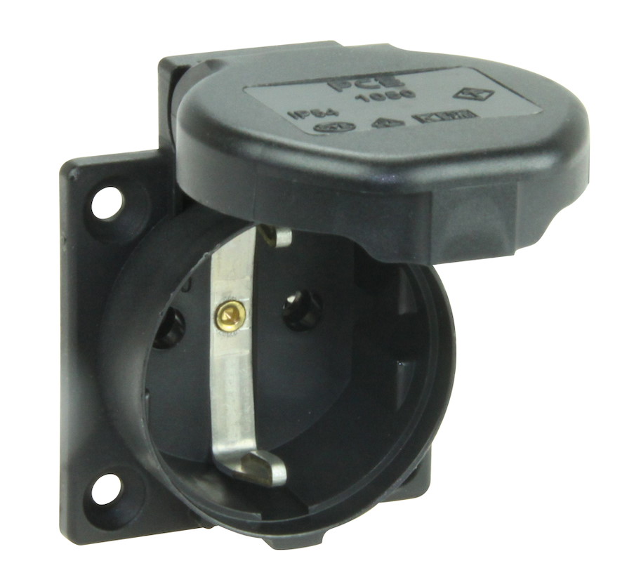 Schutzkontaktsteckdose nach österr./deutsch. System mit Dichtrand 16A 3p 250V IP54 P-Nova+ (schwarz, rückwärtiger Anschluss, Flansch 50x50)