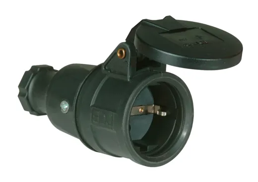 Schutzkontaktkupplung Vollgummi mit Klappdeckel 16A 2p+E 250V IP44 (schwarz, nach österr./deutsch. System)