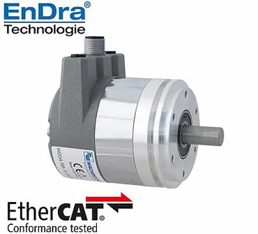 Drehgeber absolut, magnetisch, EtherCAT  Bushaube: Anschluss über 3x M12-Stecker Vollwelle, Synchroflansch, Gehäuse: Ø 58 mm 16/43-bit Single-/Multiturn Vollwelle: Ø 6 mm