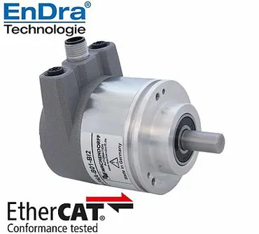 Drehgeber absolut, magnetisch, EtherCAT,  Bushaube: Anschluss über 3x M12-Stecker Vollwelle, Klemmflansch, Gehäuse: Ø 58 mm  16/43-bit Single-/Multiturn Vollwelle: Ø 6 mm