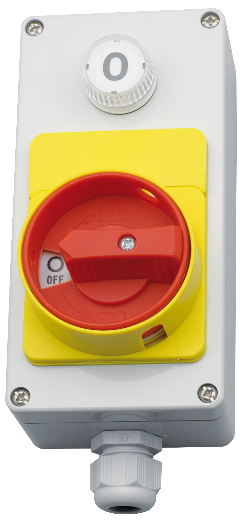 Sicherheitsschalter mit Lampe 24V mit Schaltstellung 0-1 im ABS Gehäuse Grau Griff Rot