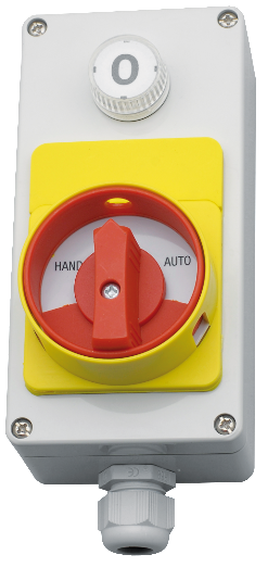 Sicherheitsschalter mit Lampe 24V mit Schaltstellung Hand-0-Hand im ABS Gehäuse Grau Griff Rot