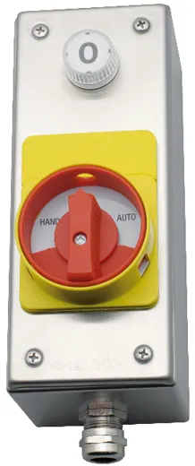 Sicherheitsschalter mit Lampe 24V mit Schaltstellung Hand-0-Automat im Edelstahl Gehäuse Griff Rot