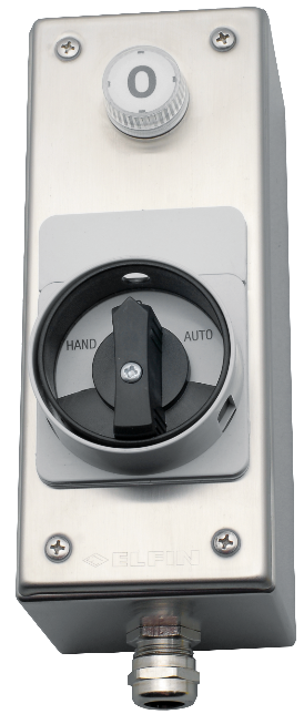 Sicherheitsschalter mit Lampe 24V mit Schaltstellung Hand-0-Automat im Edelstahl Gehäuse Griff Grau