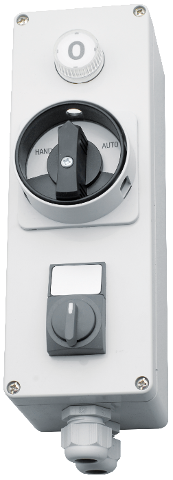 Sicherheitsschalter mit Lampe 24V mit Schaltstellung Hand-0-Automat im ABS mit Stellwähler Gehäuse Grau
