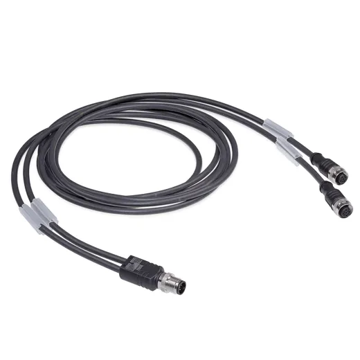 Verteiler Y-Verteiler mit Kabelabgang, 2x 2m, 5-polig, 2x Sensorbuchse M12, A-kodiert, 1x Sensorstecker M12, A-kodiert, max. 4A, 24V DC