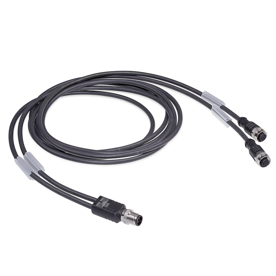 Verteiler Y-Verteiler mit Kabelabgang, 2x 2m, 5-polig, 2x Sensorbuchse M12, A-kodiert, 1x Sensorstecker M12, A-kodiert, max. 4A, 24V DC