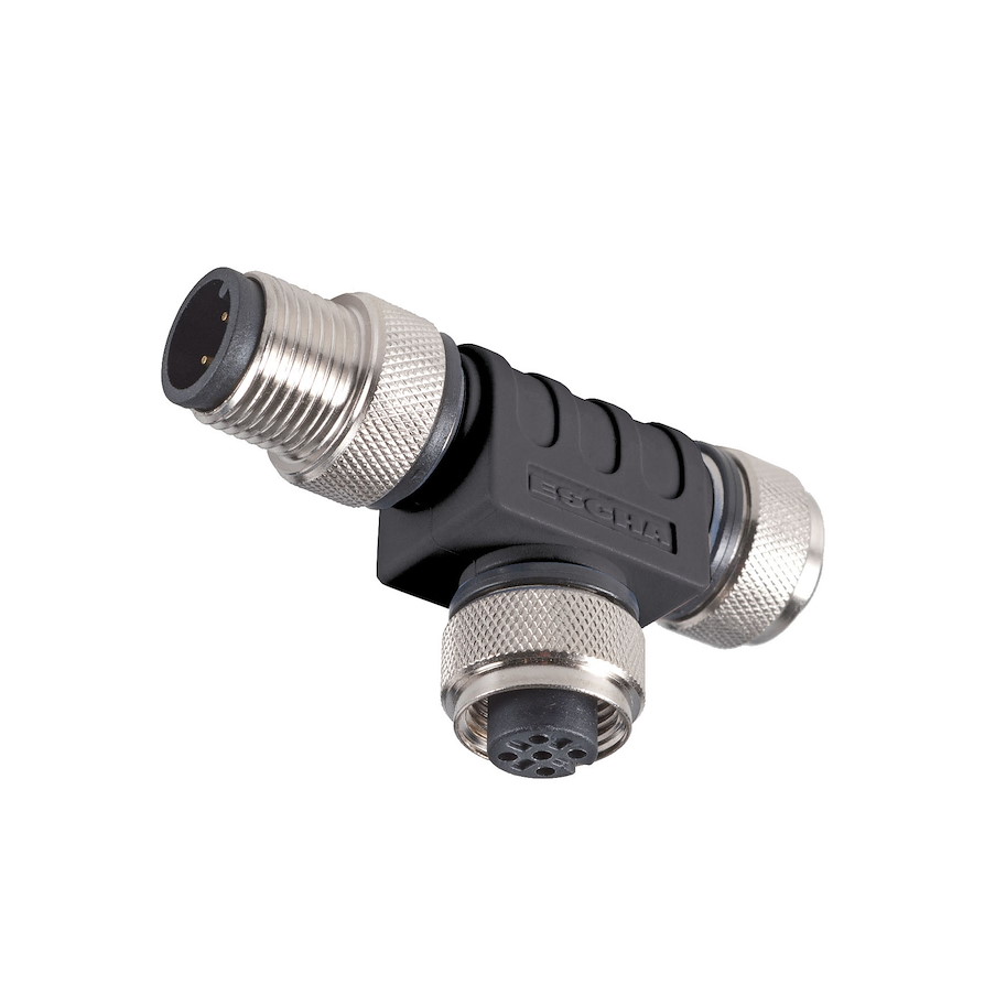 Anschlusszubehör T-Verteiler M12 3-polig 2x M12 Buchse A-kodiert/1x M12 Stecker A-kodiert max. 4A 24V DC