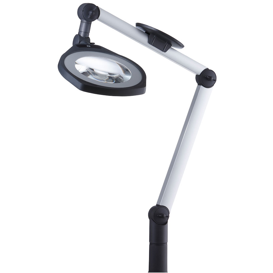 Arbeitsplatzleuchte Lupenleuchte LENSLED II Gelenkarm 400+400mm Glaslinse 35dpt. + Bifocal 8dpt. dimmbar 120ﾰ ~15W M12-A 24V DC Netzteil 100-240V AC